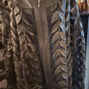 Colleen Lopez Olive Metalic Leaf Pattern Faux Leather Jacket